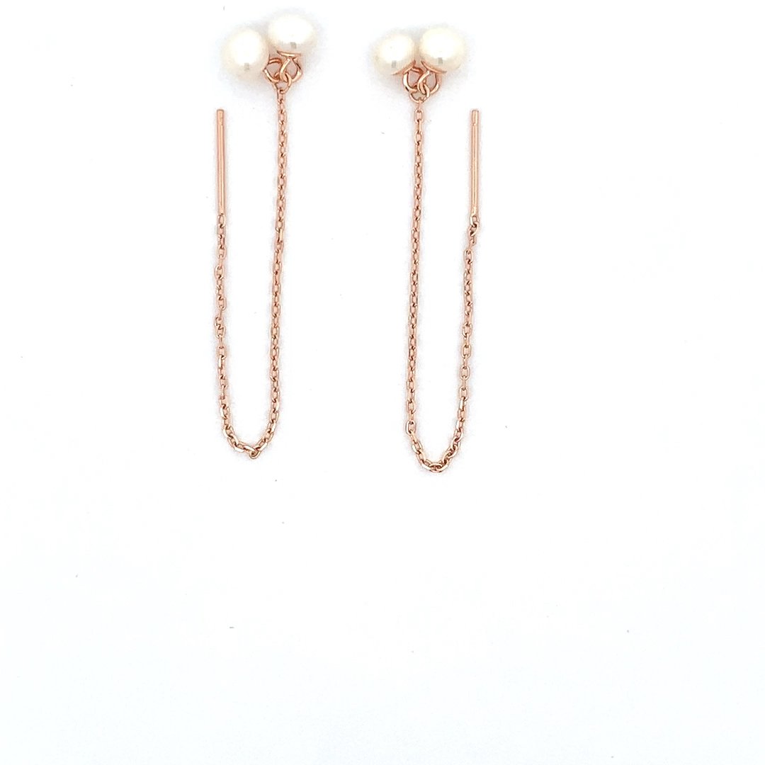 Twin Pearl Threader Earrings (Pure Silver) - Rose Gold